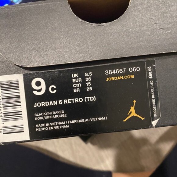 Nike Jordan VI 6 Retro Black Infrared TD Toddler Size 9C - Picture 5 of 5
